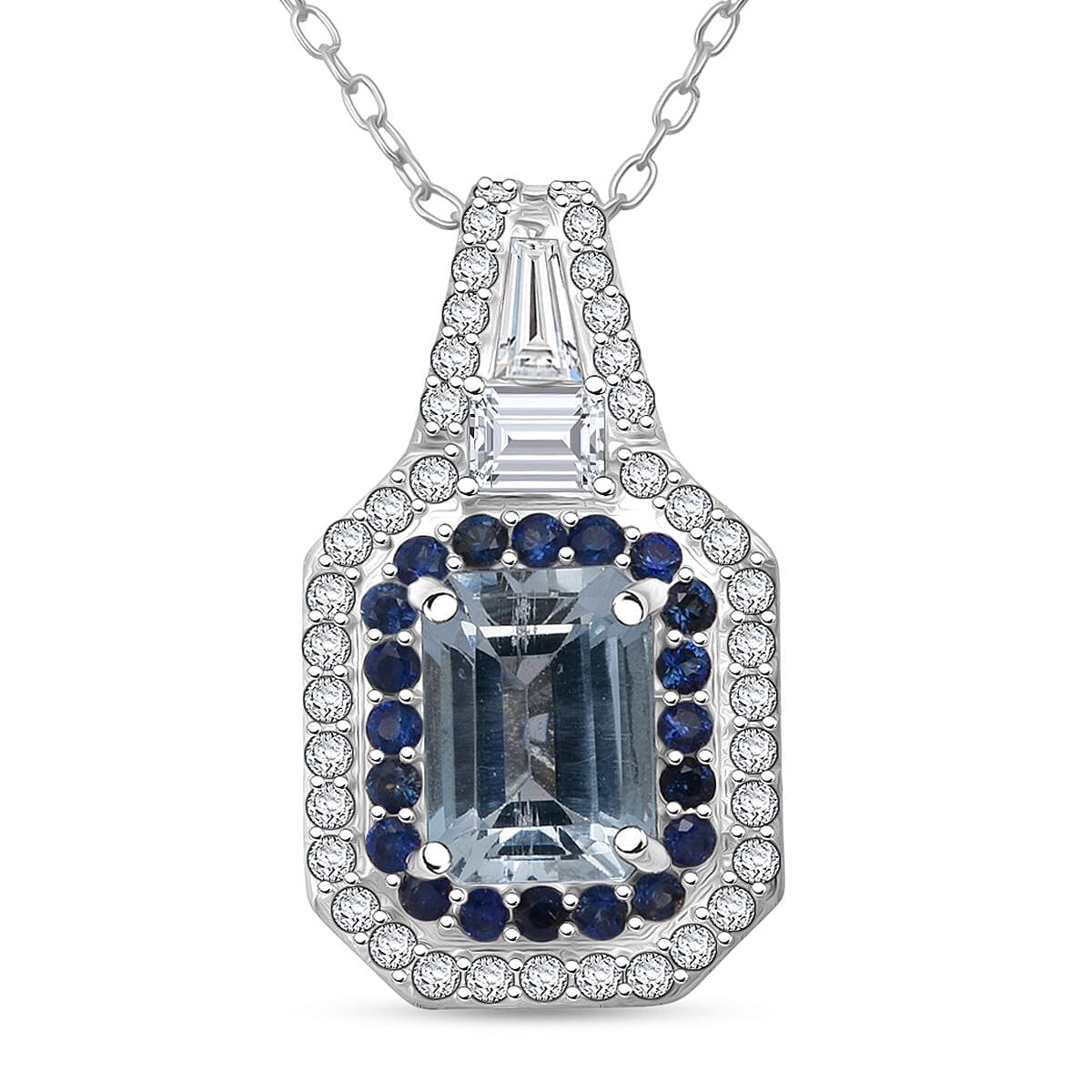 D'Joy Mangoro Aquamarine, Multi Gemstone Pendant Necklace in Rhodium Over Sterling Silver 1.50 ctw (20 Inches)
