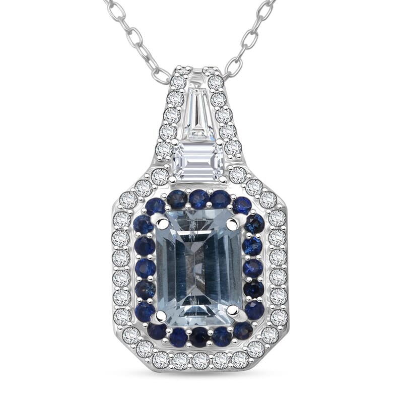 D'Joy Mangoro Aquamarine, Multi Gemstone Pendant Necklace in Rhodium Over Sterling Silver 1.50 ctw (20 Inches)