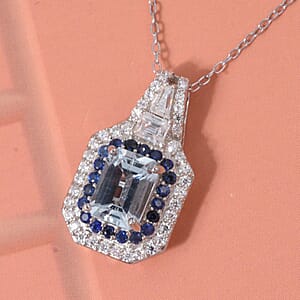 D'Joy Mangoro Aquamarine, Multi Gemstone Pendant Necklace in Rhodium Over Sterling Silver 1.50 ctw (20 Inches)