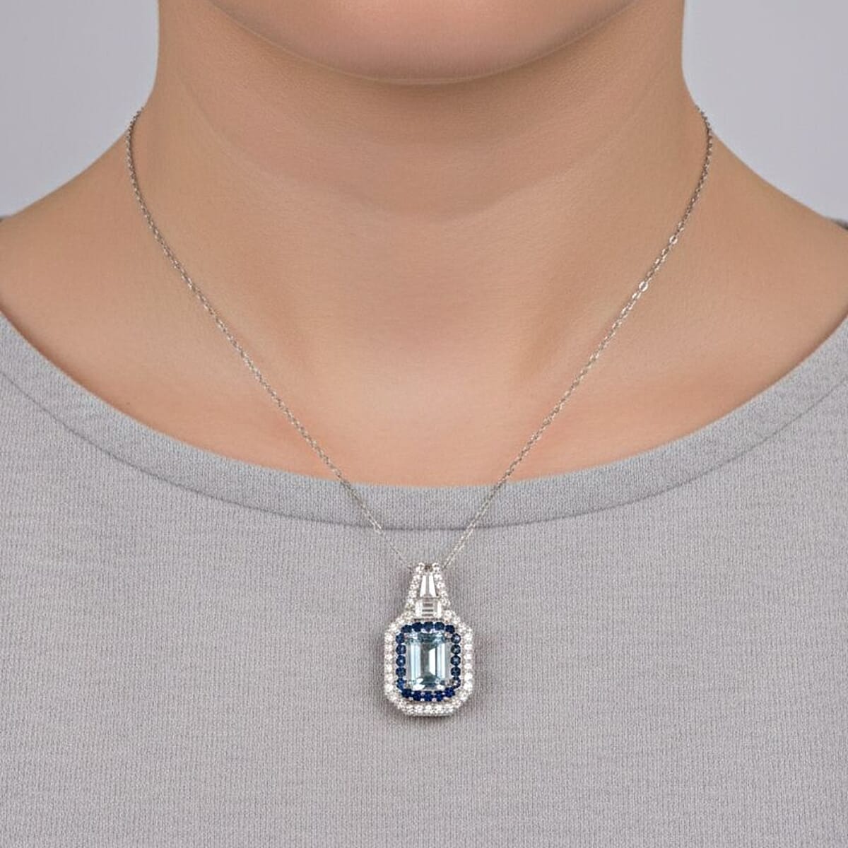 Doorbuster D'Joy Mangoro Aquamarine and Multi Gemstone 1.50 ctw Royal Heirloom Pendant Necklace in Rhodium Over Sterling Silver 20 Inches image number 2