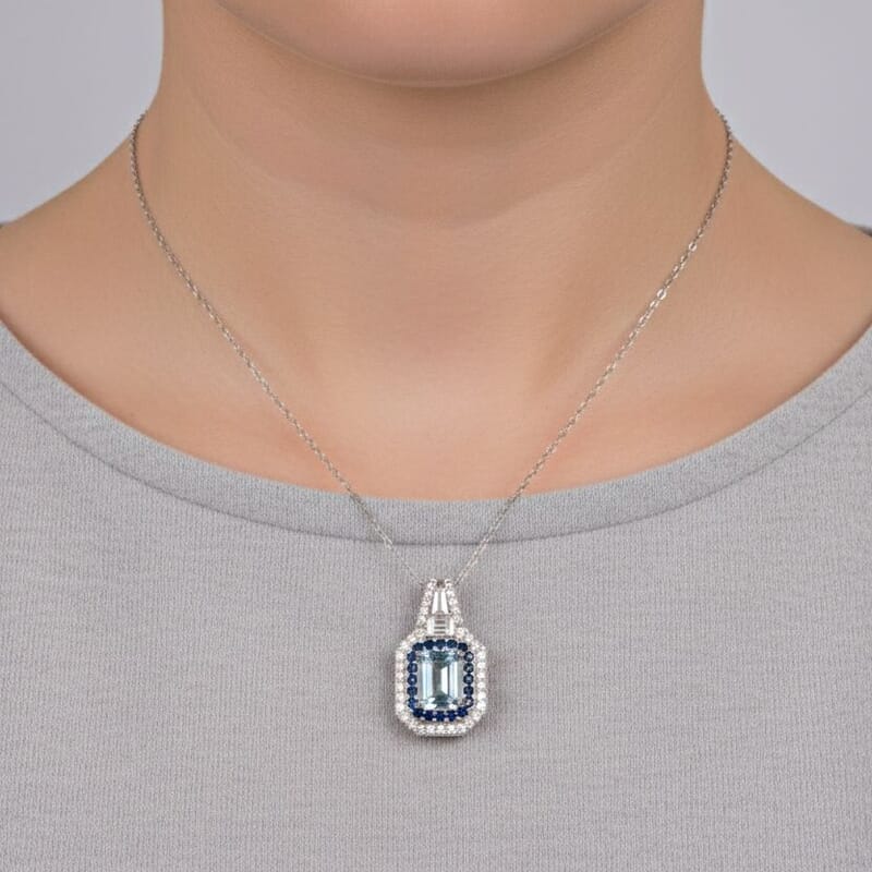 D'Joy Mangoro Aquamarine, Multi Gemstone Pendant Necklace in Rhodium Over Sterling Silver 1.50 ctw (20 Inches)