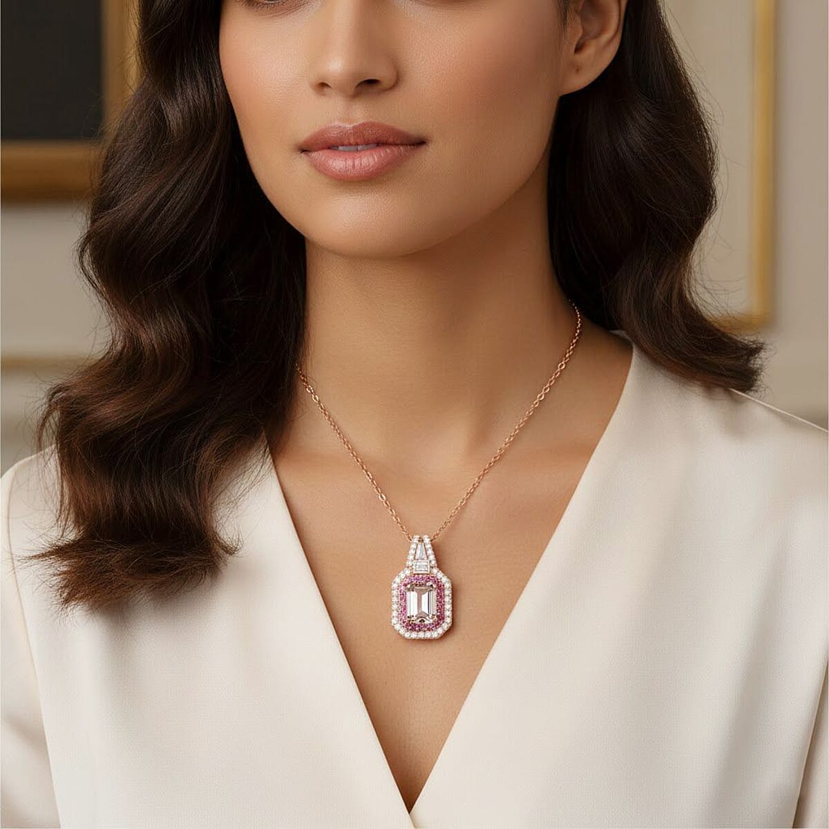 Doorbuster D'Joy Marropino Morganite and Multi Gemstone 1.50 ctw Royal Heirloom Pendant Necklace in 18K Vermeil Rose Gold Over Sterling Silver 20 Inches image number 2