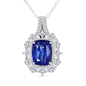 Doorbuster D'Joy Kashmir Kyanite and White Zircon 4.35 ctw Halo Crest Pendant Necklace in Rhodium Over Sterling Silver 20 Inches