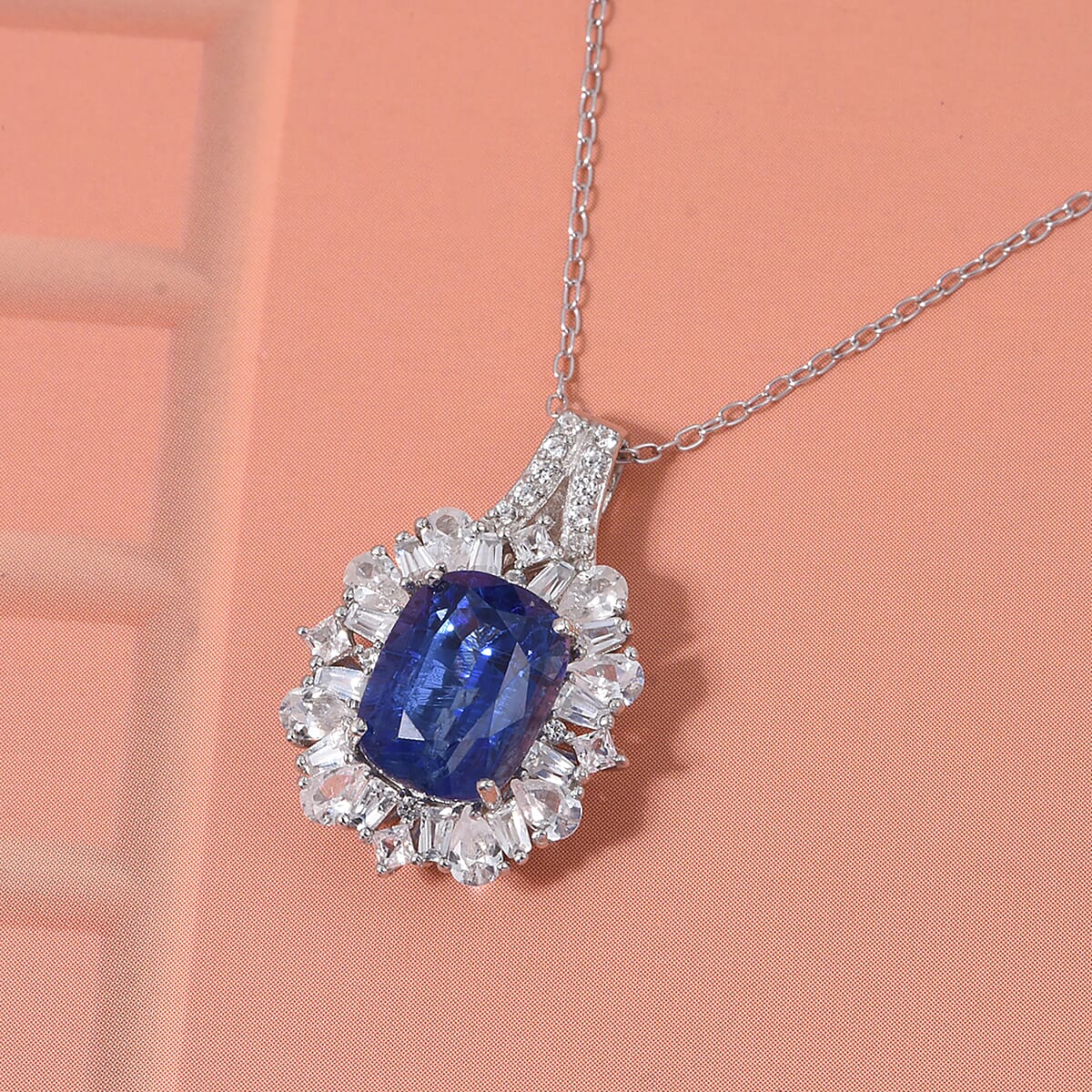Doorbuster D'Joy Kashmir Kyanite and White Zircon 4.35 ctw Halo Crest Pendant Necklace in Rhodium Over Sterling Silver 20 Inches image number 1