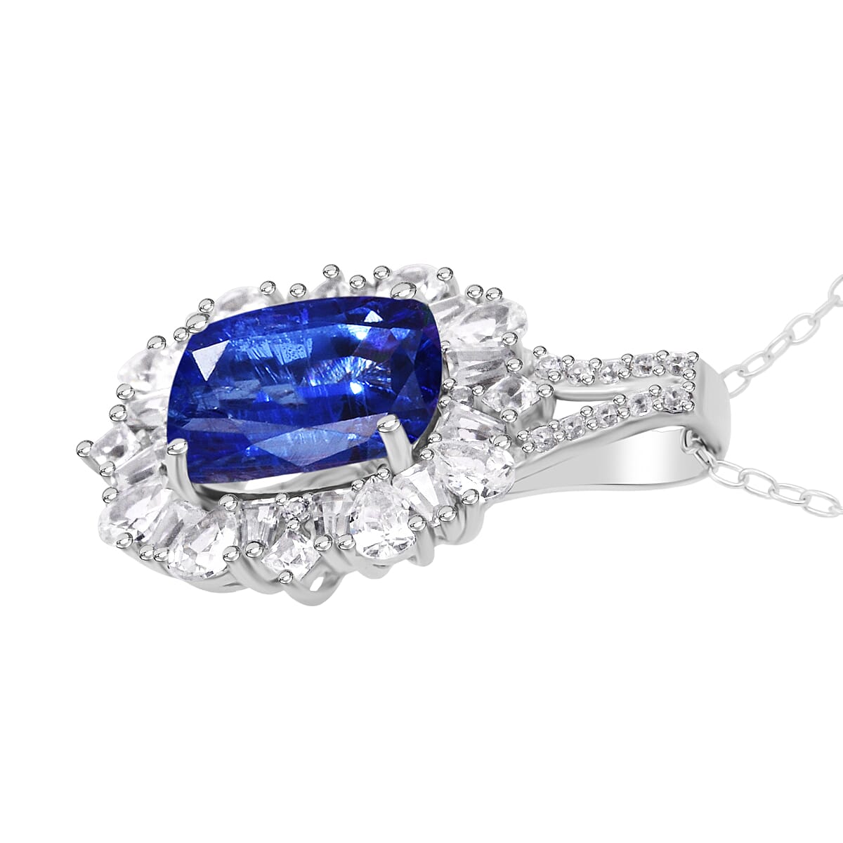 Doorbuster D'Joy Kashmir Kyanite and White Zircon 4.35 ctw Halo Crest Pendant Necklace in Rhodium Over Sterling Silver 20 Inches image number 3