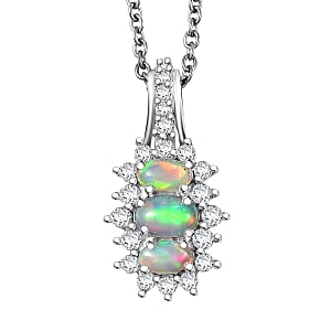 D'Joy Premium Ethiopian Welo Opal and White Zircon 1.40 ctw Pendant Necklace in Platinum Over Sterling Silver 20 Inches