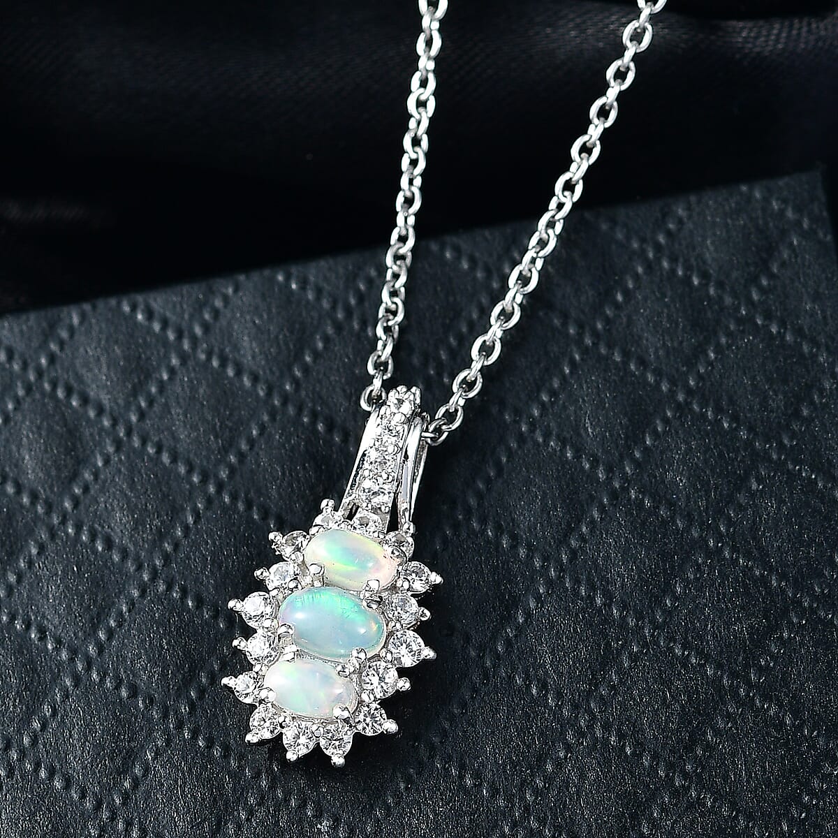D'Joy Premium Ethiopian Welo Opal and White Zircon 1.40 ctw Pendant Necklace in Platinum Over Sterling Silver 20 Inches image number 1