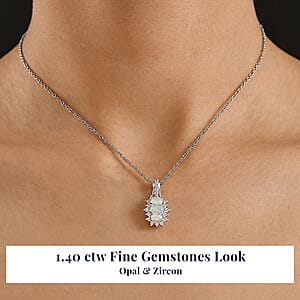 D'Joy Ethiopian Welo Opal, White Zircon Pendant Necklace in Platinum Over Sterling Silver 1.40 ctw (20 Inches)