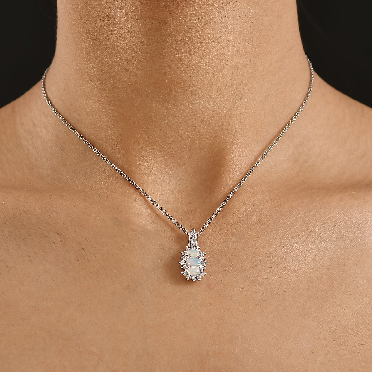 D'Joy Premium Ethiopian Welo Opal and White Zircon 1.40 ctw Pendant Necklace in Platinum Over Sterling Silver 20 Inches image number 2
