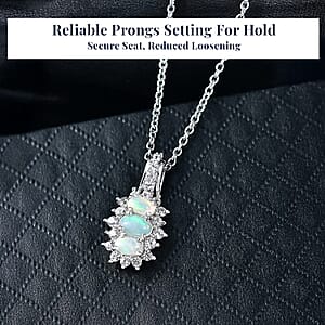 D'Joy Ethiopian Welo Opal, White Zircon Pendant Necklace in Platinum Over Sterling Silver 1.40 ctw (20 Inches)