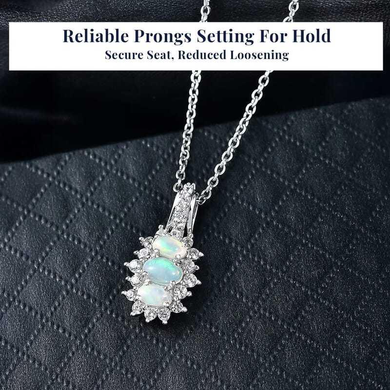 D'Joy Ethiopian Welo Opal, White Zircon Pendant Necklace in Platinum Over Sterling Silver 1.40 ctw (20 Inches)
