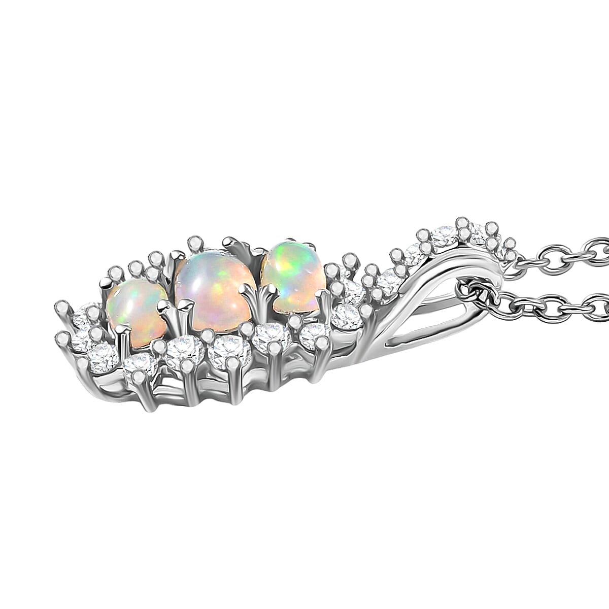 D'Joy Premium Ethiopian Welo Opal and White Zircon 1.40 ctw Pendant Necklace in Platinum Over Sterling Silver 20 Inches image number 3