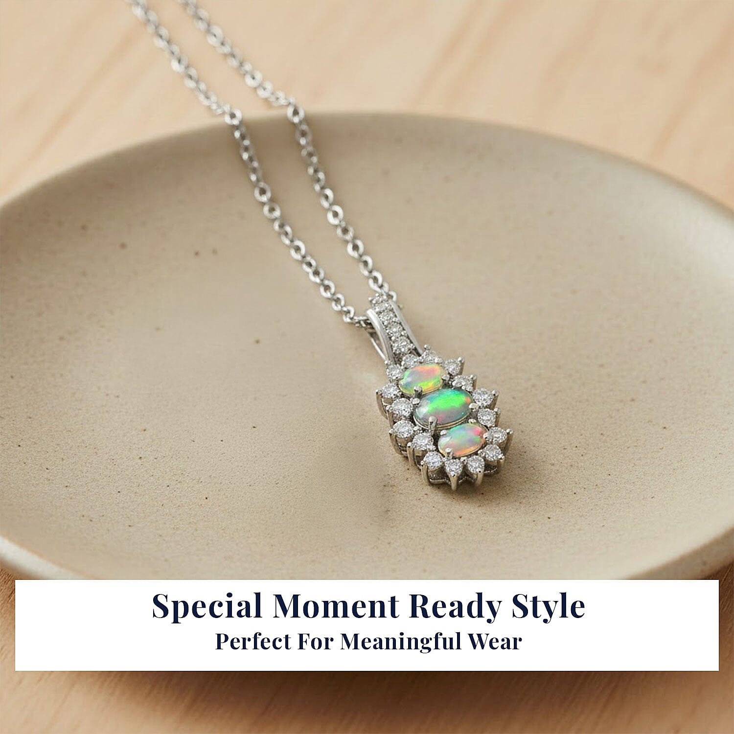 D'Joy Ethiopian Welo Opal, White Zircon Pendant Necklace in Platinum Over Sterling Silver 1.40 ctw (20 Inches)