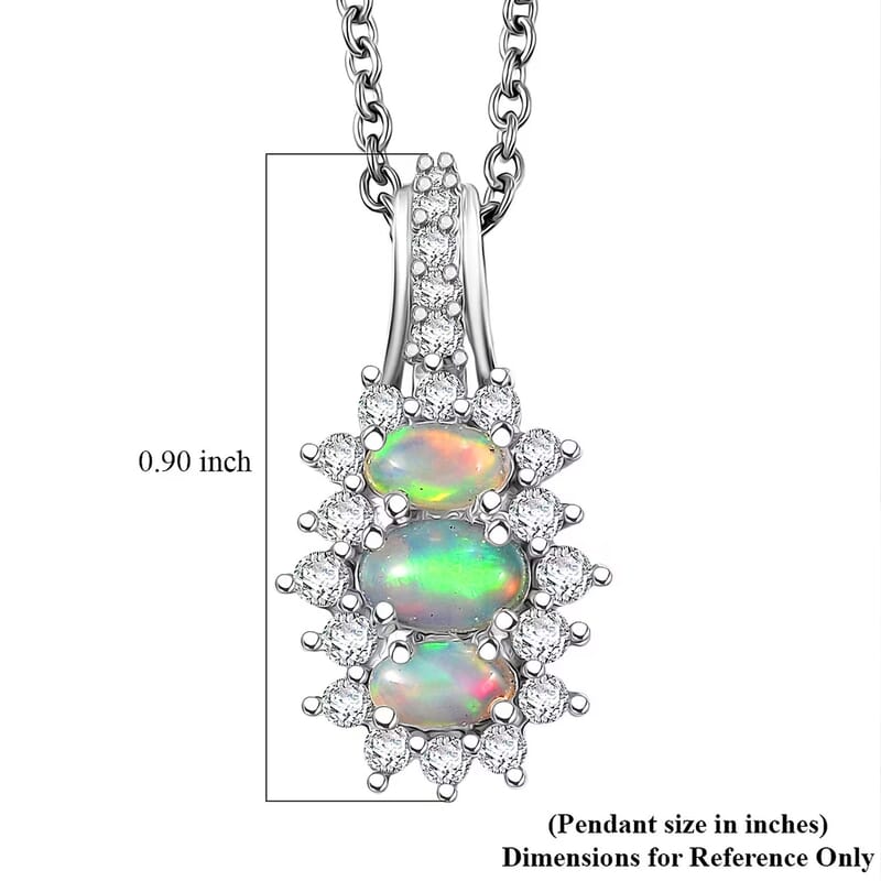 D'Joy Ethiopian Welo Opal, White Zircon Pendant Necklace in Platinum Over Sterling Silver 1.40 ctw (20 Inches)