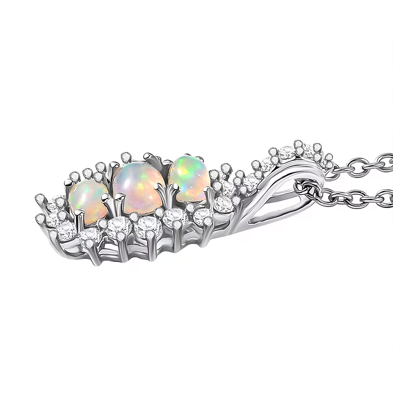D'Joy Ethiopian Welo Opal, White Zircon Pendant Necklace in Platinum Over Sterling Silver 1.40 ctw (20 Inches)