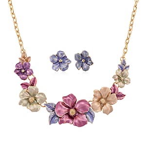Multi Color Enameled Floral Necklace (20.5-22.5 Inches) and Earrings in Goldtone