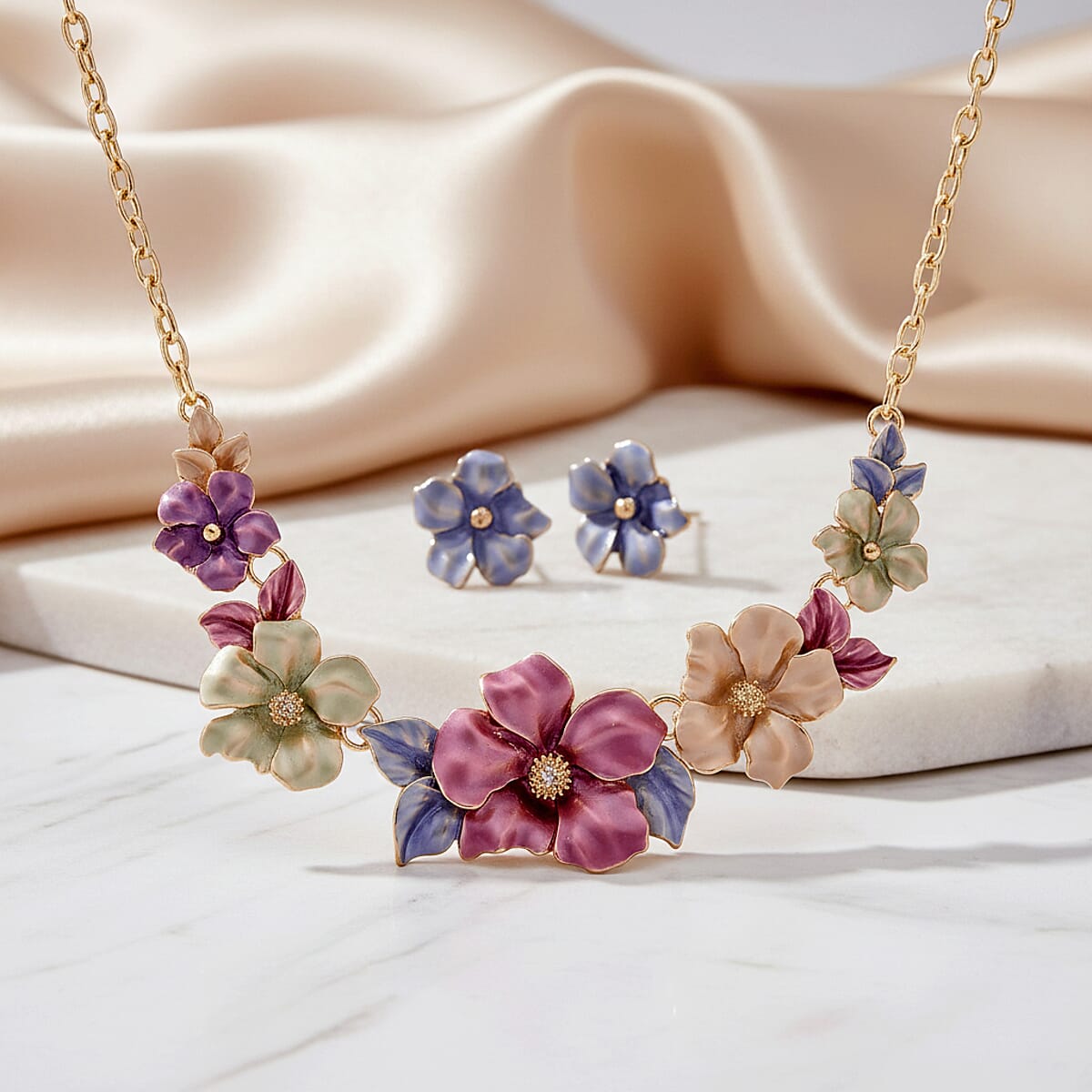 Multi Color Enameled Floral Necklace (20.5-22.5 Inches) and Earrings in Goldtone image number 1