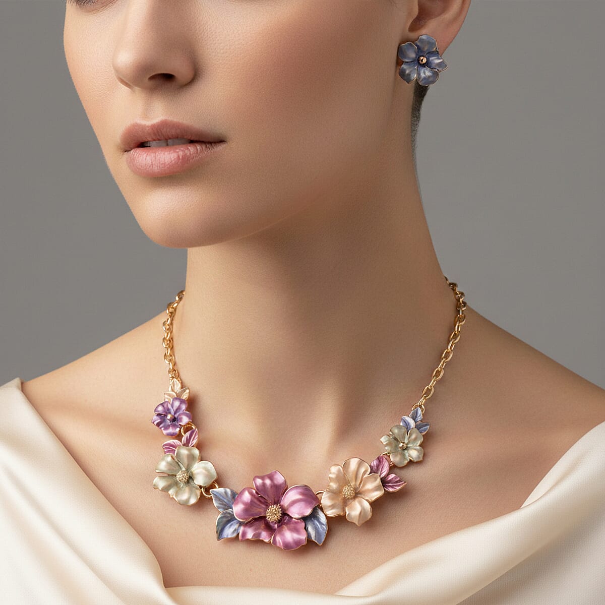 Multi Color Enameled Floral Necklace (20.5-22.5 Inches) and Earrings in Goldtone image number 2