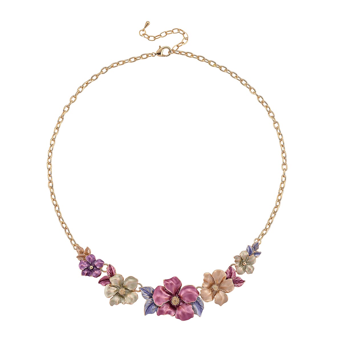Multi Color Enameled Floral Necklace (20.5-22.5 Inches) and Earrings in Goldtone image number 3