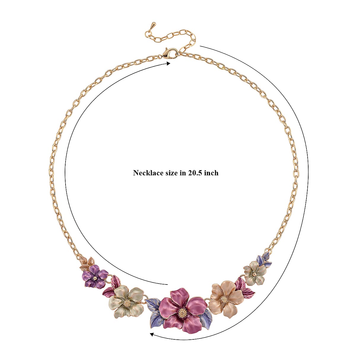 Multi Color Enameled Floral Necklace (20.5-22.5 Inches) and Earrings in Goldtone image number 5