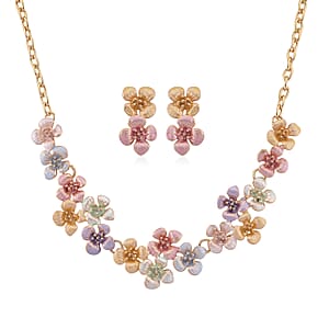 Multi Color Enameled Floral Necklace (20.5-22.5 Inches) and Earrings in Goldtone