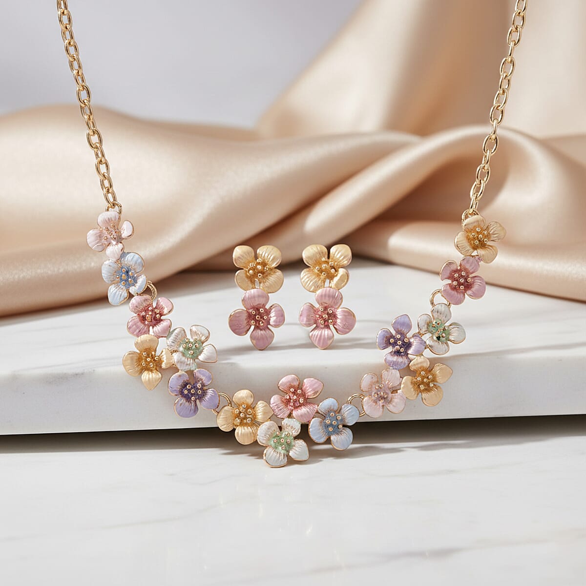 Multi Color Enameled Floral Necklace (20.5-22.5 Inches) and Earrings in Goldtone image number 1