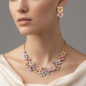 Multi Color Enameled Floral Necklace (20.5-22.5 Inches) and Earrings in Goldtone