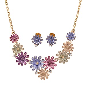 Austrian Crystal, Multi Color Enameled Floral Necklace (20.5-22.5 Inches) and Earrings in Goldtone