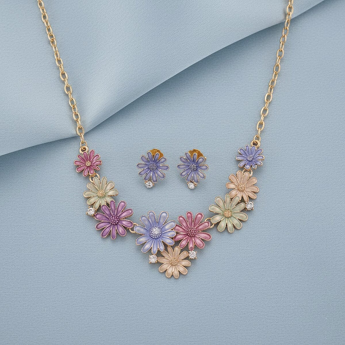 Austrian Crystal, Multi Color Enameled Floral Necklace (20.5-22.5 Inches) and Earrings in Goldtone image number 1