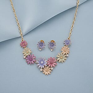 Austrian Crystal, Multi Color Enameled Floral Necklace (20.5-22.5 Inches) and Earrings in Goldtone