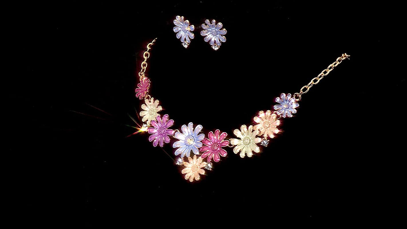 Austrian Crystal, Multi Color Enameled Floral Necklace (20.5-22.5 Inches) and Earrings in Goldtone