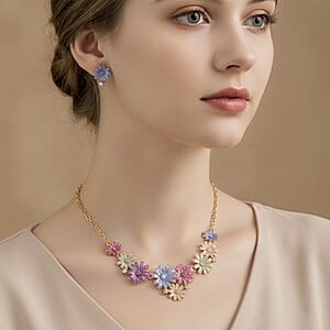 Austrian Crystal, Multi Color Enameled Floral Necklace (20.5-22.5 Inches) and Earrings in Goldtone