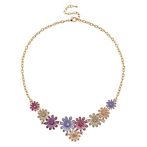 Austrian Crystal, Multi Color Enameled Floral Necklace (20.5-22.5 Inches) and Earrings in Goldtone
