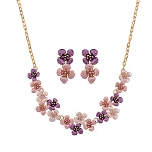 Multi Color Enameled Floral Necklace (20.5-22.5 Inches) and Earrings in Goldtone