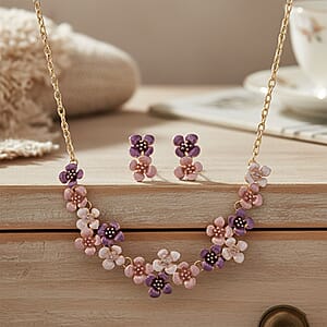 Multi Color Enameled Floral Necklace (20.5-22.5 Inches) and Earrings in Goldtone