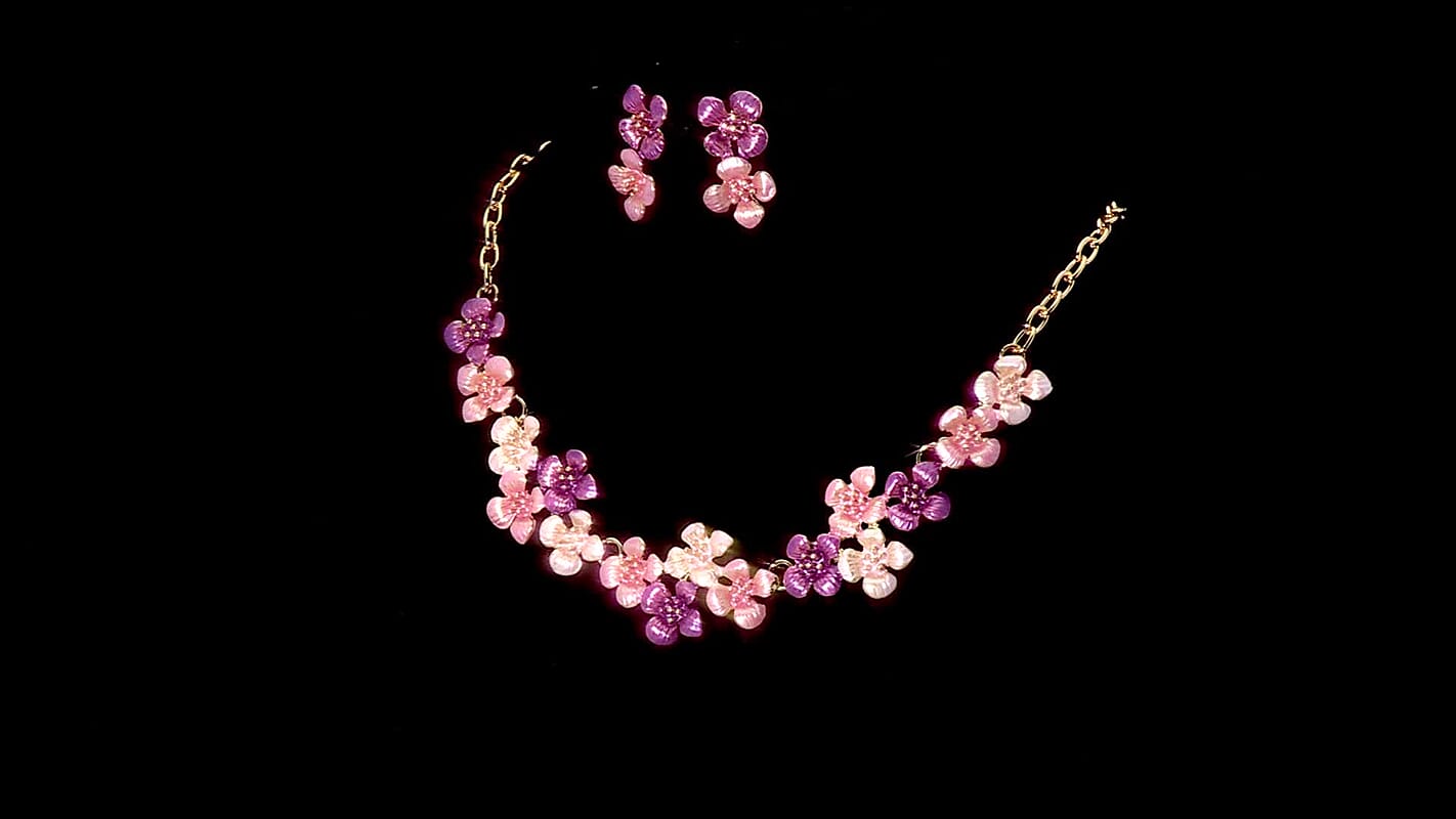 Ankur's Treasure Chest Deal Multi Color Enameled Dark Cherry Blossom Necklace (20.5-22.5 Inches) and Earrings in Goldtone