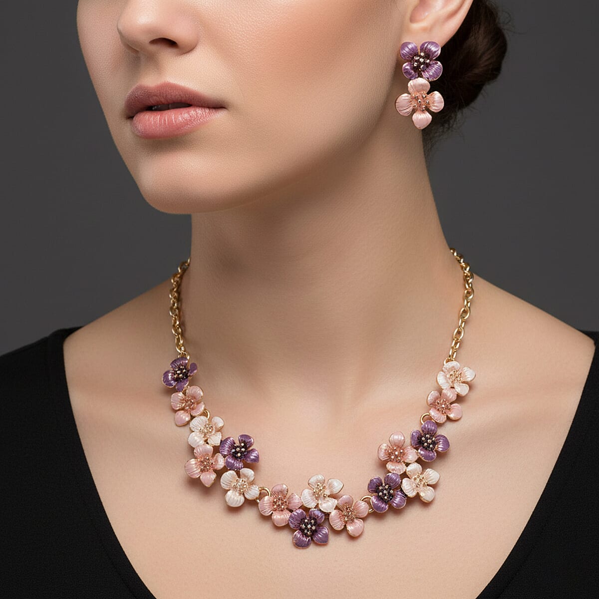 Multi Color Enameled Floral Necklace (20.5-22.5 Inches) and Earrings in Goldtone image number 2