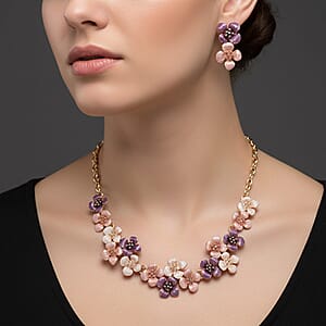 Multi Color Enameled Floral Necklace (20.5-22.5 Inches) and Earrings in Goldtone