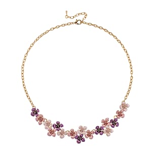 Multi Color Enameled Floral Necklace (20.5-22.5 Inches) and Earrings in Goldtone
