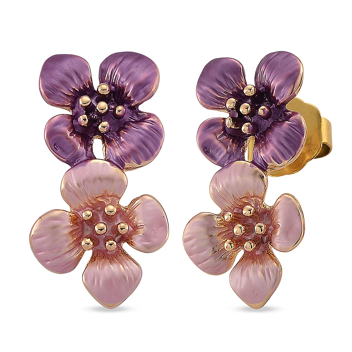 Multi Color Enameled Floral Necklace (20.5-22.5 Inches) and Earrings in Goldtone image number 6