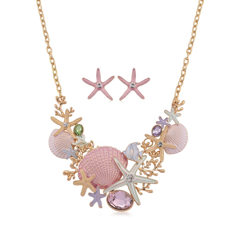Multi Color Austrian Crystal, Multi Color Enameled Ocean Treasures Necklace (20.5-22.5 Inches) and Earrings in Goldtone