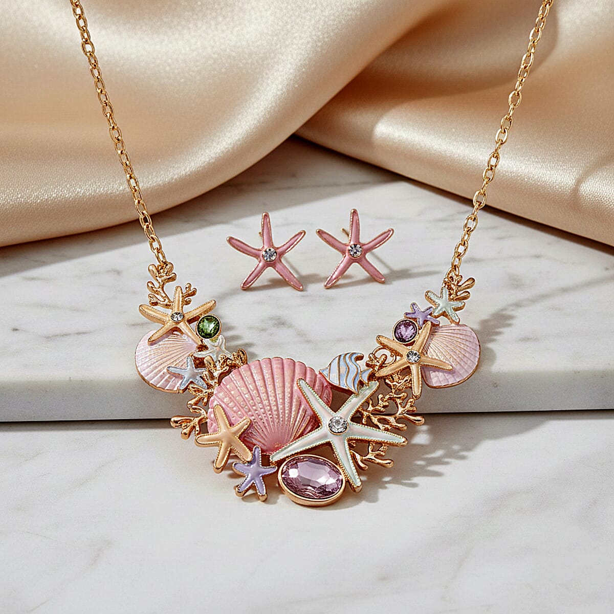 Multi Color Austrian Crystal, Multi Color Enameled Seaside Necklace (20.5-22.5 Inches) and Earrings in Goldtone image number 1