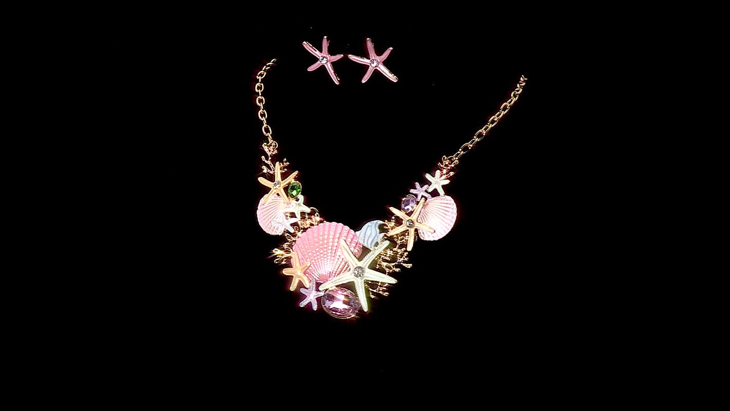 Multi Color Austrian Crystal, Multi Color Enameled Ocean Treasures Necklace (20.5-22.5 Inches) and Earrings in Goldtone