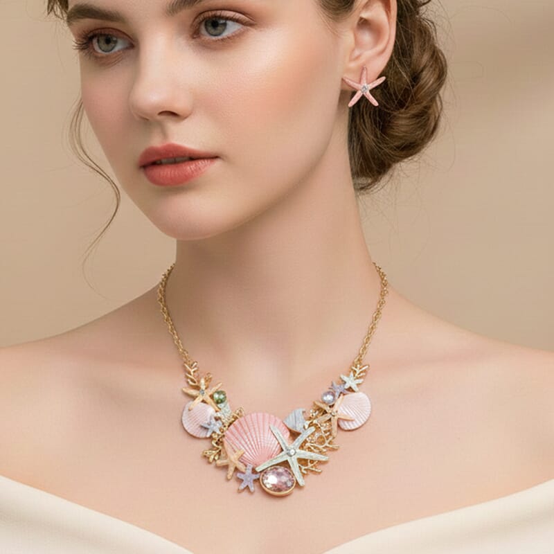 Multi Color Austrian Crystal, Multi Color Enameled Ocean Treasures Necklace (20.5-22.5 Inches) and Earrings in Goldtone
