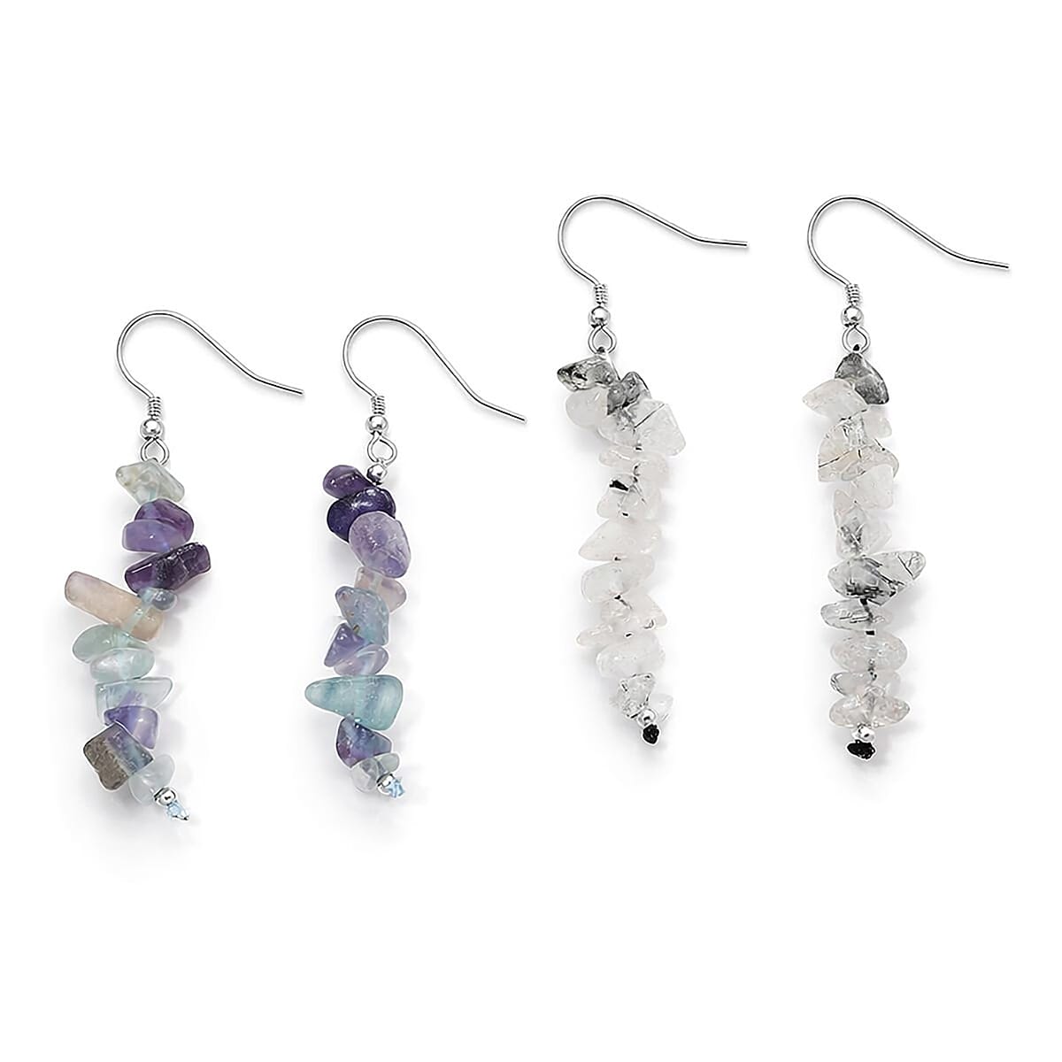 Black Rutilaited Quartz and Multi Fluorite 18.00 ctw Set of 2 Earrings in Rhodium Over Sterling Silver
