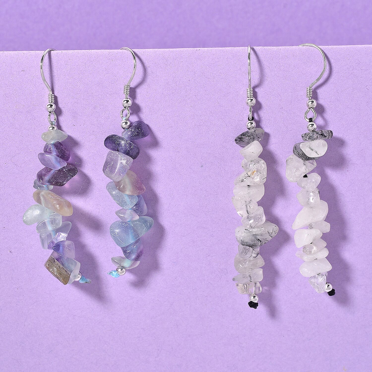 Black Rutilaited Quartz and Multi Fluorite 18.00 ctw Set of 2 Earrings in Rhodium Over Sterling Silver