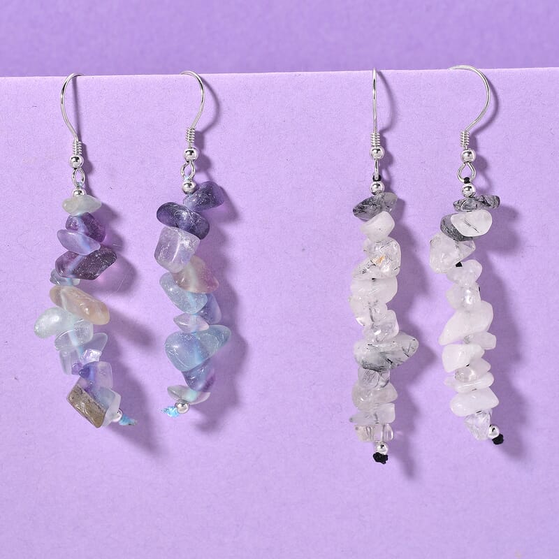 Black Rutilaited Quartz and Multi Fluorite 18.00 ctw Set of 2 Earrings in Rhodium Over Sterling Silver