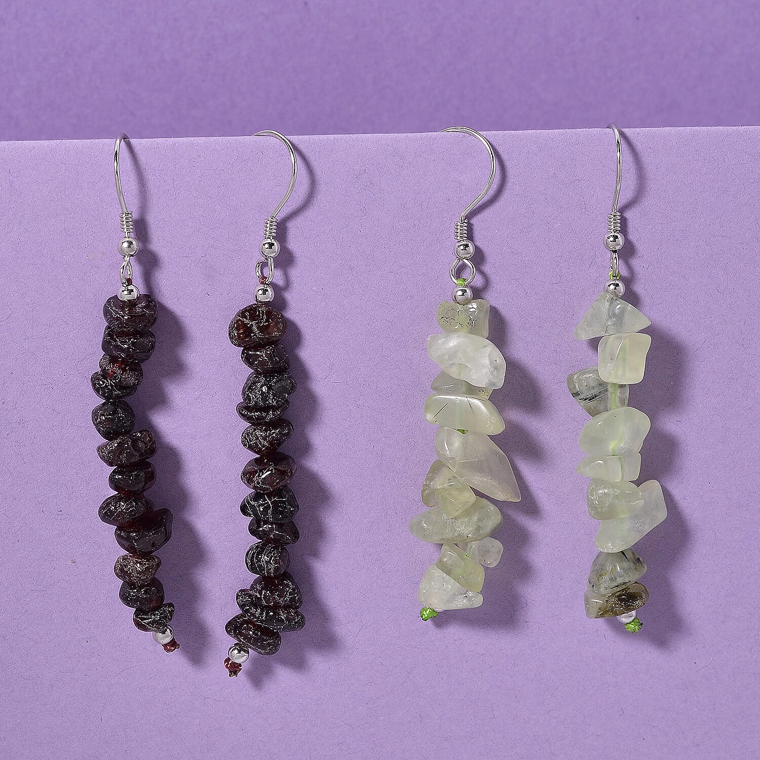 Prehnite and Mozambique Garnet 18.00 ctw Set of 2 Earrings in Rhodium Over Sterling Silver
