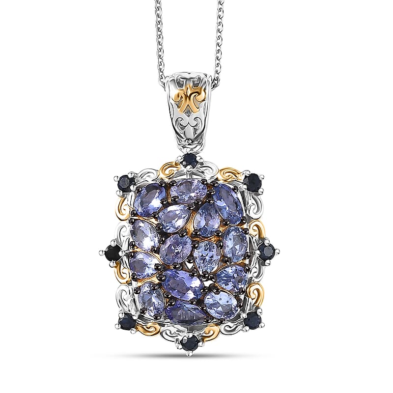 D'Joy Tanzanite and Blue Sapphire 2.80 ctw Filigree Flower Pendant Necklace in 18K Vermeil Yellow Gold and Rhodium Over Sterling Silver 20 Inches