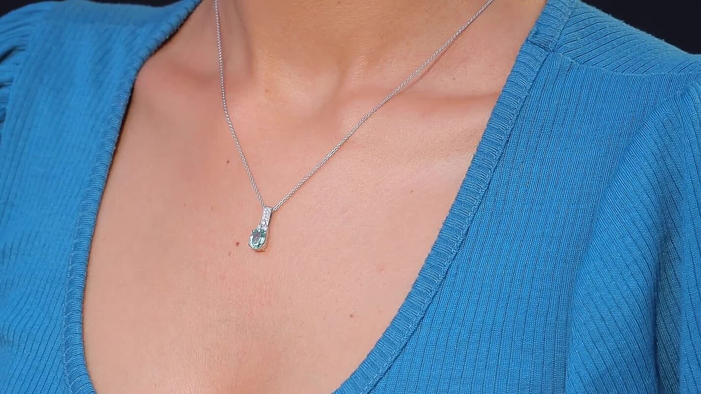 Premium Arquiana Mint Tourmaline and Luxuriant Lab Grown Diamond G-H SI 1.25 ctw Mint Deco Pendant Necklace in Rhodium Over Sterling Silver 20 Inches
